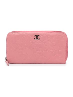 Chanel Pink Lambskin Camellia Zip Around Wallet