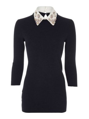Miu Miu Crystal Embellished Collar Navy Knit Top