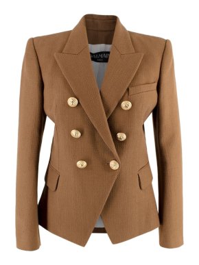 Balmain Brown Woven Cotton Double Breasted Blazer