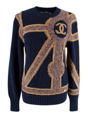 Chanel Pre-fall '21 Intarsia Navy & Gold Cashmere Jumper