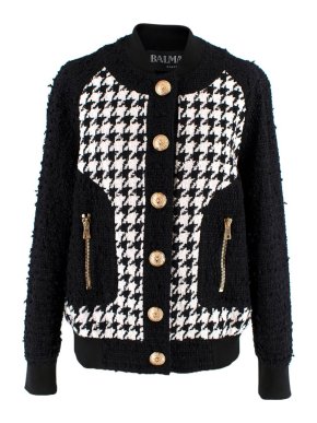 Balmain Black & White Houndstooth Tweed Bomber Jacket