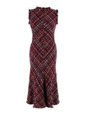 Alexander McQueen Red Tweed Sleeveless Midi Dress