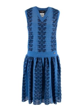 Chanel Blue Sheer Knit Pleated 3d Effect Sleeveless Dress