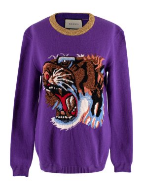 Gucci Purple Tiger Motif Intarsia Wool Jumper