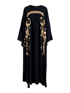 Oscar de la Renta Navy and Gold Applique Silk Crepe Kaftan Gown
