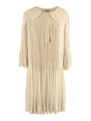 Chloe Ecru Sequin Embroidered Silk Pleated Dress