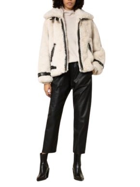 The Kooples Cream Faux Fur Leather Trimmed Biker Jacket