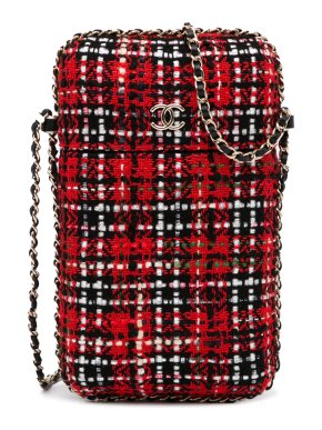 Chanel Red & Black Tweed Chain Around Phone Holder Crossbody Bag