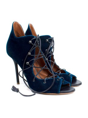 Malone Souliers Blue Velvet Lace Up Peep Toe Pumps