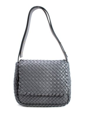 Bottega Veneta Grey Cobble Intrecciato Foldover Top Shoulder Bag
