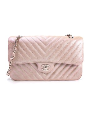 Chanel Iridescent Rose Gold Chevron Quilted Caviar Double Flap