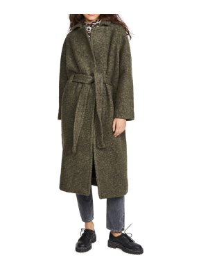 Ganni Green Boucle Wool Belted Coat