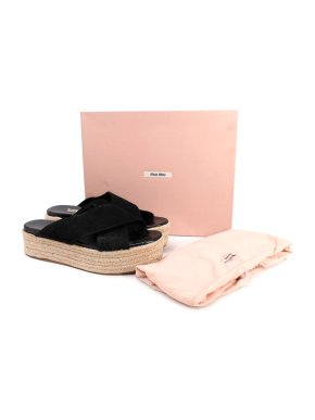 Miu Miu Black Suede Jute Flatform Sandals