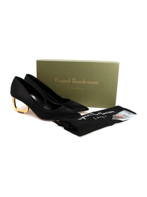 Rupert Sanderson Black satin pumps with gold Sculpted Heel