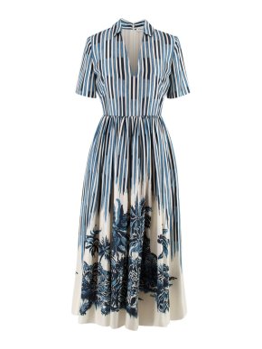 Blue Striped Collared Dior Palms Midi Dress