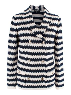 Chanel White and Navy Striped Cashmere Double Breasted Jacket