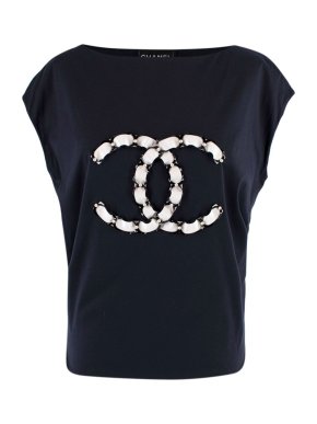 Chanel Navy Embellished Grosgrain CC Tie Back Top
