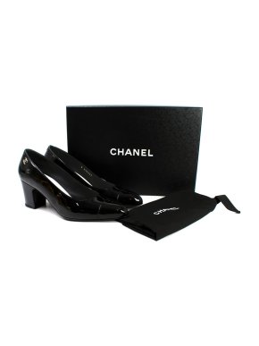 Chanel Black Patent Calfskin Block Heel Pumps