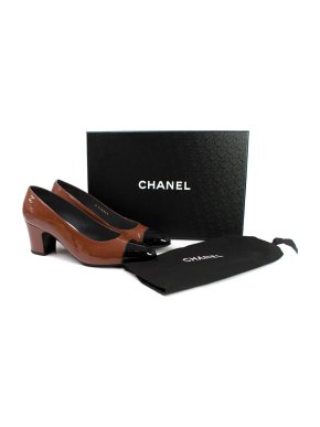 Chanel Brown Patent Calfskin Block Heel Pumps