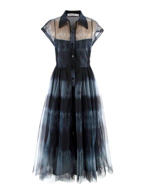 Dior Blue Mesh Pleated Tie-dye Midi Dress