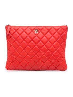 Chanel Red Quilted Leather CC Zip Pouch