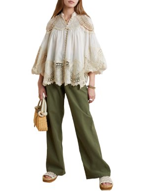 Zimmermann Ivory Pattie Gathered Crochet-trimmed Embroidered Ramie Blouse