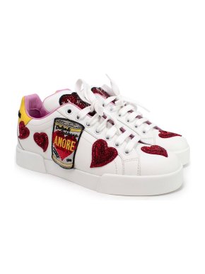 Dolce & Gabbana White Leather Queen Of Hearts sneakers
