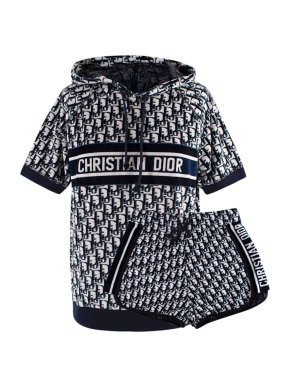 Dior Navy Velvet Effect Oblique Monogram Hoodie & Shorts