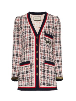Gucci grosgrain trimmed logo patch tweed jacket