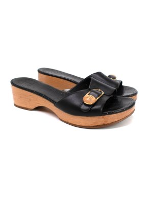 Chanel Black Leather CC Wooden Clogs