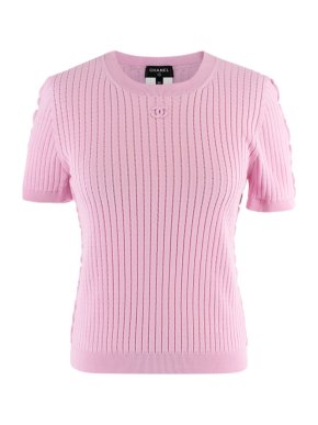 Chanel Pink Ribbed Knit CC T-Shirt