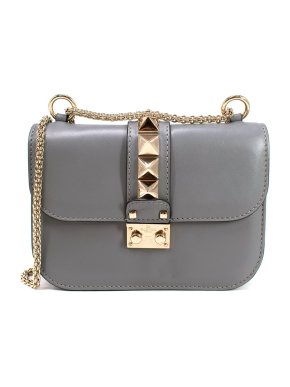 Valentino Grey-Blue Small Glam Lock Leather Handbag