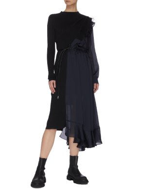 Sacai Tie-waist Asymmetric Chiffon Detail Knit Dress