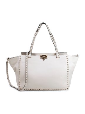 Valentino White Medium Rockstud Leather Tote Bag