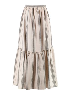 Dior Tasar Silk & Cotton Blend Striped Tiered Midi Skirt