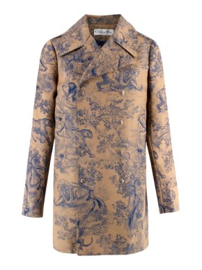 Dior Beige & Blue Toile De Jouy Sauvage Double Breasted Cotton Blend Coat