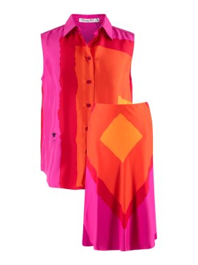 Dior Pink & Orange Printed Silk Sleeveless Blouse & Skirt