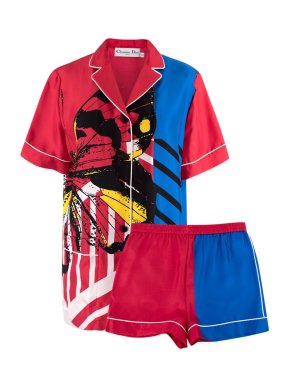 Dior Red & Blue Printed Silk Chez Moi Shirt & Shorts