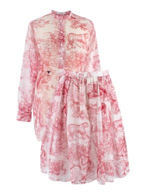 Dior Red Toile de Jouy Cotton Voile Long Blouse & Flared Skirt