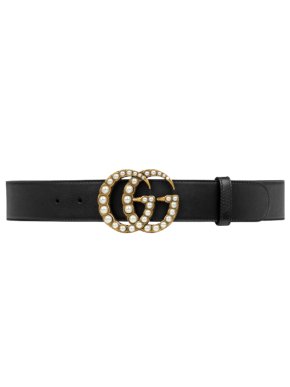 Gucci Black Leather Belt with Pearl Double G - Size 90