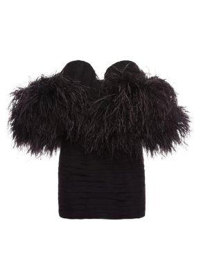 Magda Butrym Black Off-the-shoulder feather-trimmed silk-crepe mini dress