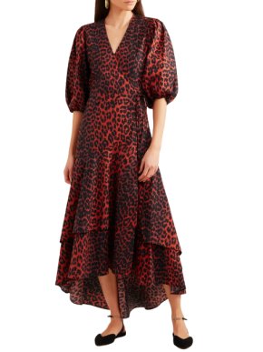 Ganni Red Leopard-Print Cotton-Poplin Wrap Dress