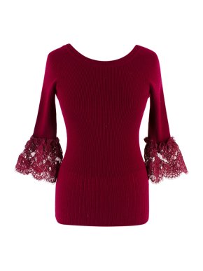 Oscar De La Renta Red Lace Trimmed Ribbed Knit Jumper