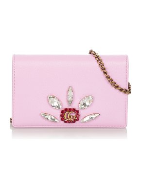 Gucci Pink Crystal GG Marmont Leather Wallet on Chain