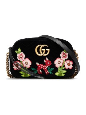 Gucci GG Embroidered Black Marmont Velvet Crossbody Bag