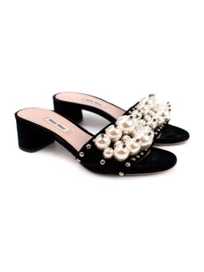 Miu Miu Black Pearl Embellished Suede Mules