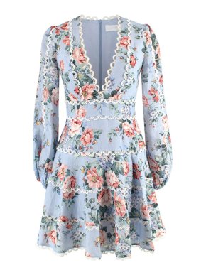 Zimmermann Blue Bowie Floral Linen Mini Dress