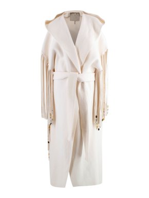 Elie Saab Cream Virgin Wool Blend Embellished Fringe Coat