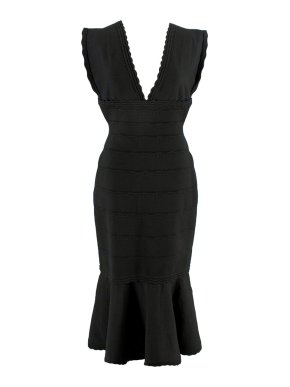 Victoria Beckam Black Scalloped Edge V-Neck Midi Dress