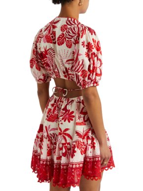 Farm Rio Red Rio Tiles Puff-sleeve Mini Dress